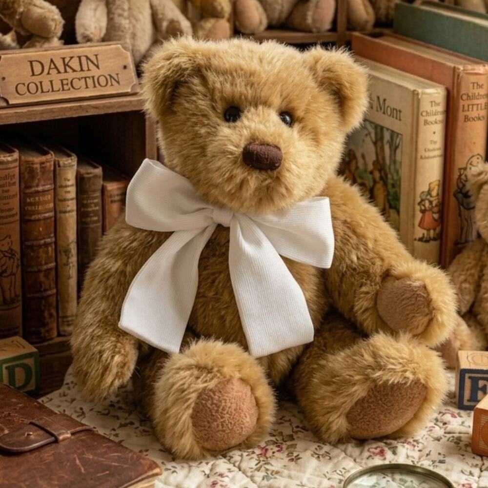 Vintage DAKIN Tan Brown Bear 9" Plush Stuffed Animal White Bow